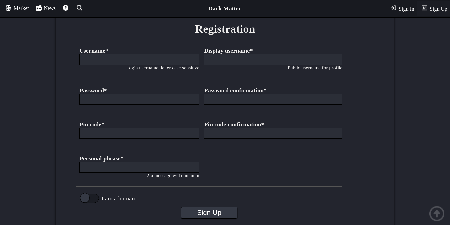 DarkMatter Market Login Interface 2026
